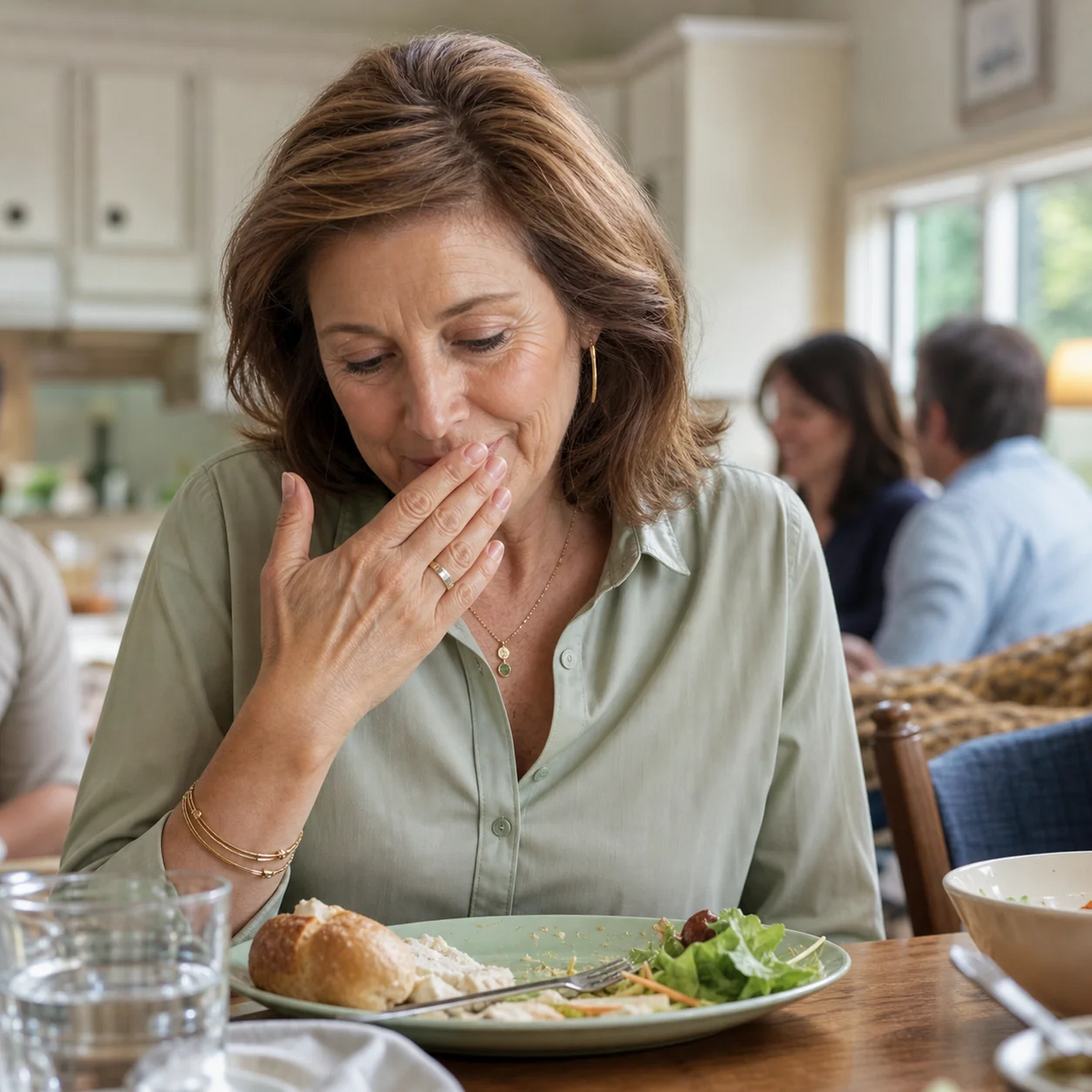 Denture wearer feeling uncomfortable during a meal